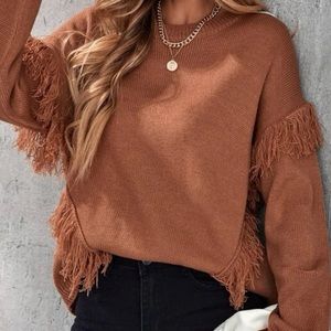 Fringe trim drop shoulder sweater